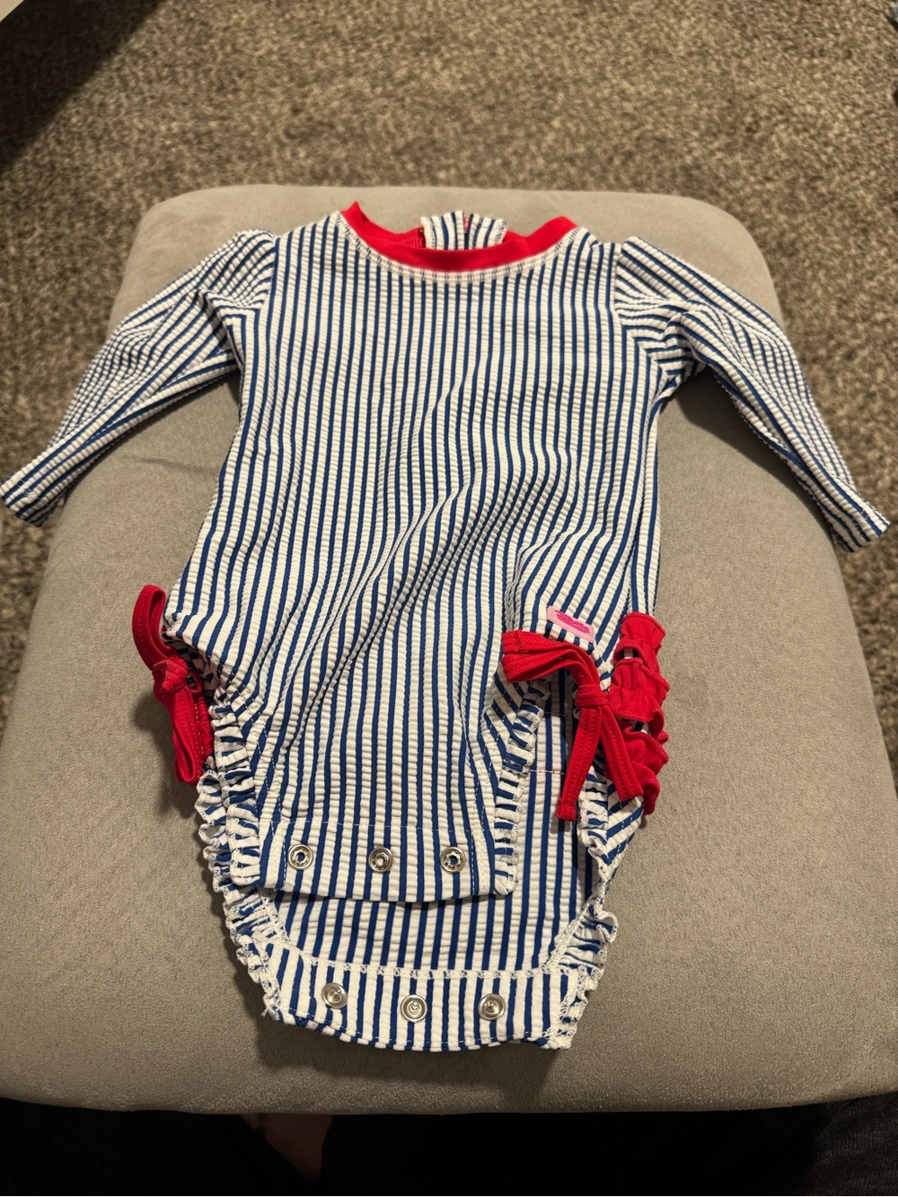 Ruffle Butts Blue White Striped Swim Suit with Red Accents